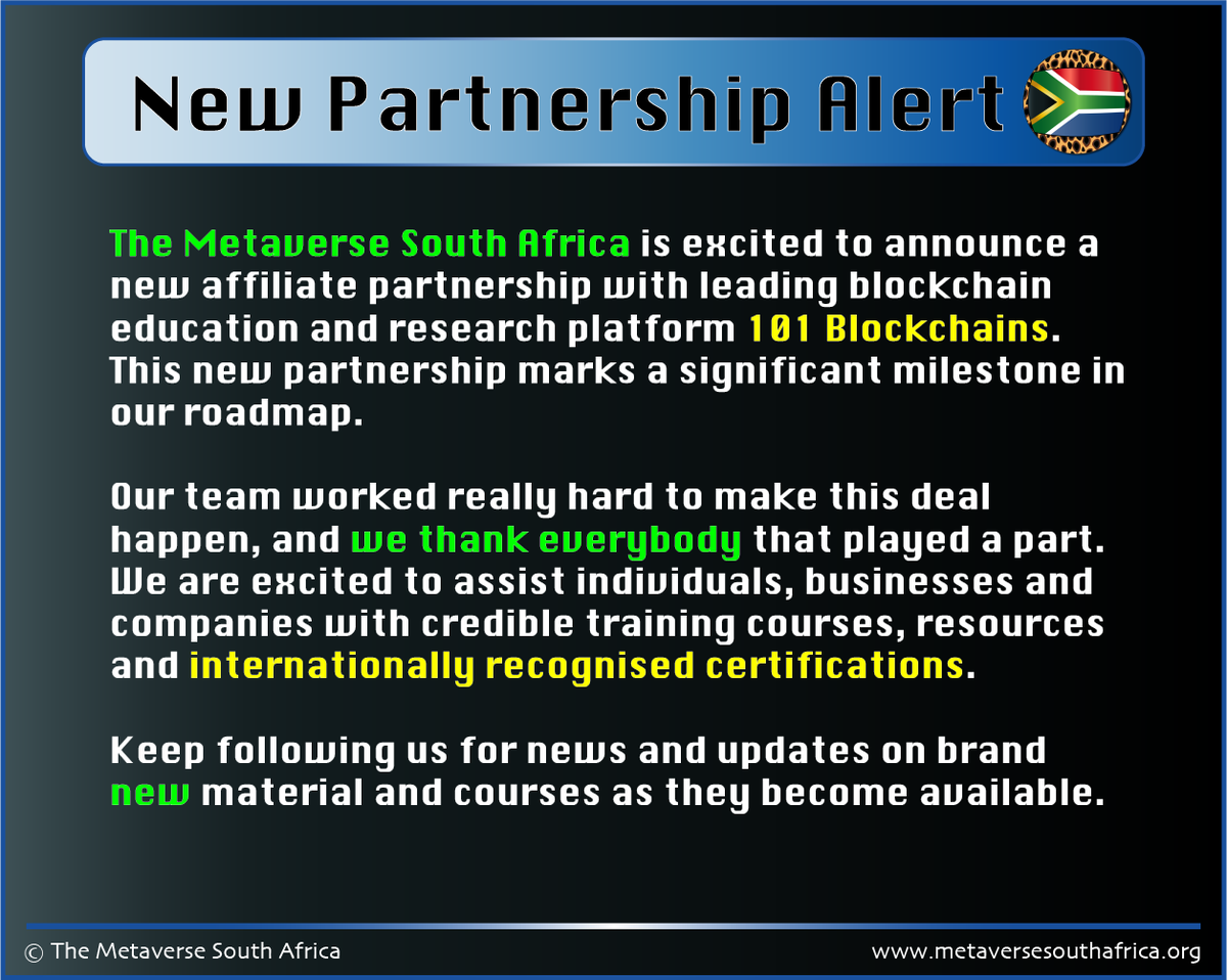 MetaverseSA's tweet photo. @MetaverseSA is excited to announce a new affiliate partnership with leading blockchain education &amp; research platform @101Blockchains. This partnership marks a significant milestone in our roadmap.

Keep following us for news &amp; updates on brand new courses.https://t.co/EFEOg5vbZd https://t.co/wcj68cU0cr