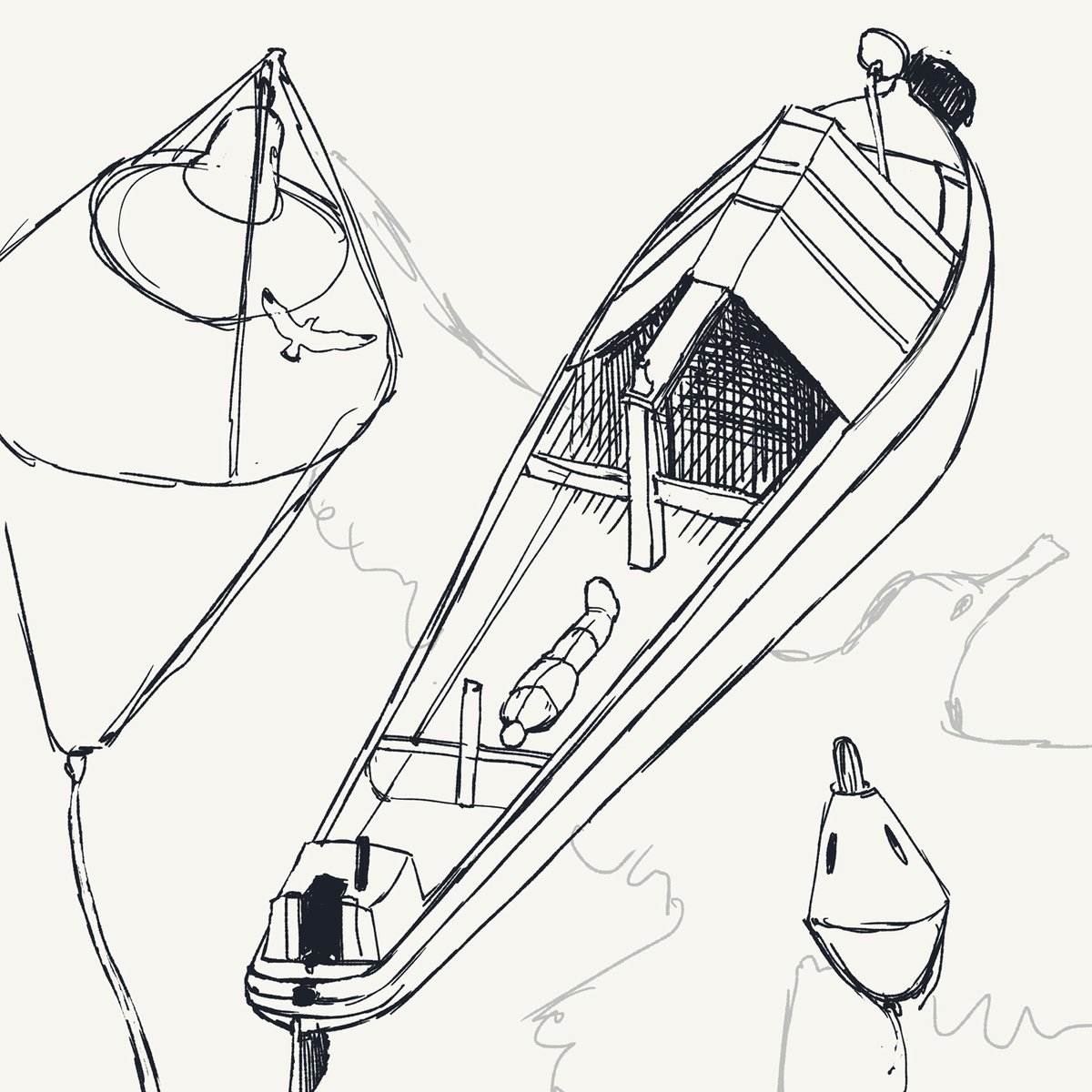 a_marrast's tweet photo. Ex Cyclopedia: Over the Wash.
Sketch. In the fifth XCLPD piece I've decided to go with reverse perspective, making the scene as disrupted as possible. Not sure if I'm keeping that seagull underneath the boat though. Going to decide it at the colouring stage. #WIP #XCLPD https://t.co/SEnPvbRYrg
