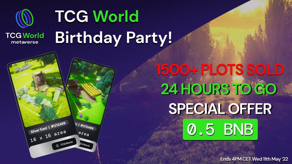 PlayTCGWorld's tweet photo. 🥳#TCGBirthday SPECIAL OFFER 🥳

🎉24 HRS 2 GO🎉 

We have sold over 1500 plots since we launched out TCG World Birthday offer! There is just over 24 hours left to go before the special offer ends!

Head to our marketplace  👇🏻 https://t.co/hpz7ejRI7p

#Metaverse #NFTs #blockchain https://t.co/gLFEHDUwNA