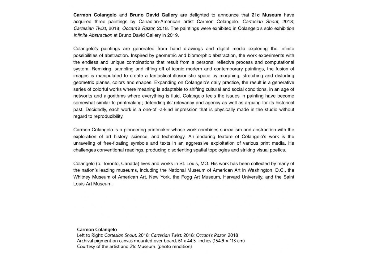 bdavidgallery's tweet image. The 21c Museum acquires 3 works by Carmon Colangelo. Bruno David Gallery congratulates Carmon Colangelo for the museum acquisition.  
More at  goodartnews.com/2022/05/10/21c… 
- 
-
#CarmonColangelo #WUSTL #samfoxschool  #MuseumAcquisition #contemporaryart #art #artadvisor #artconsultant