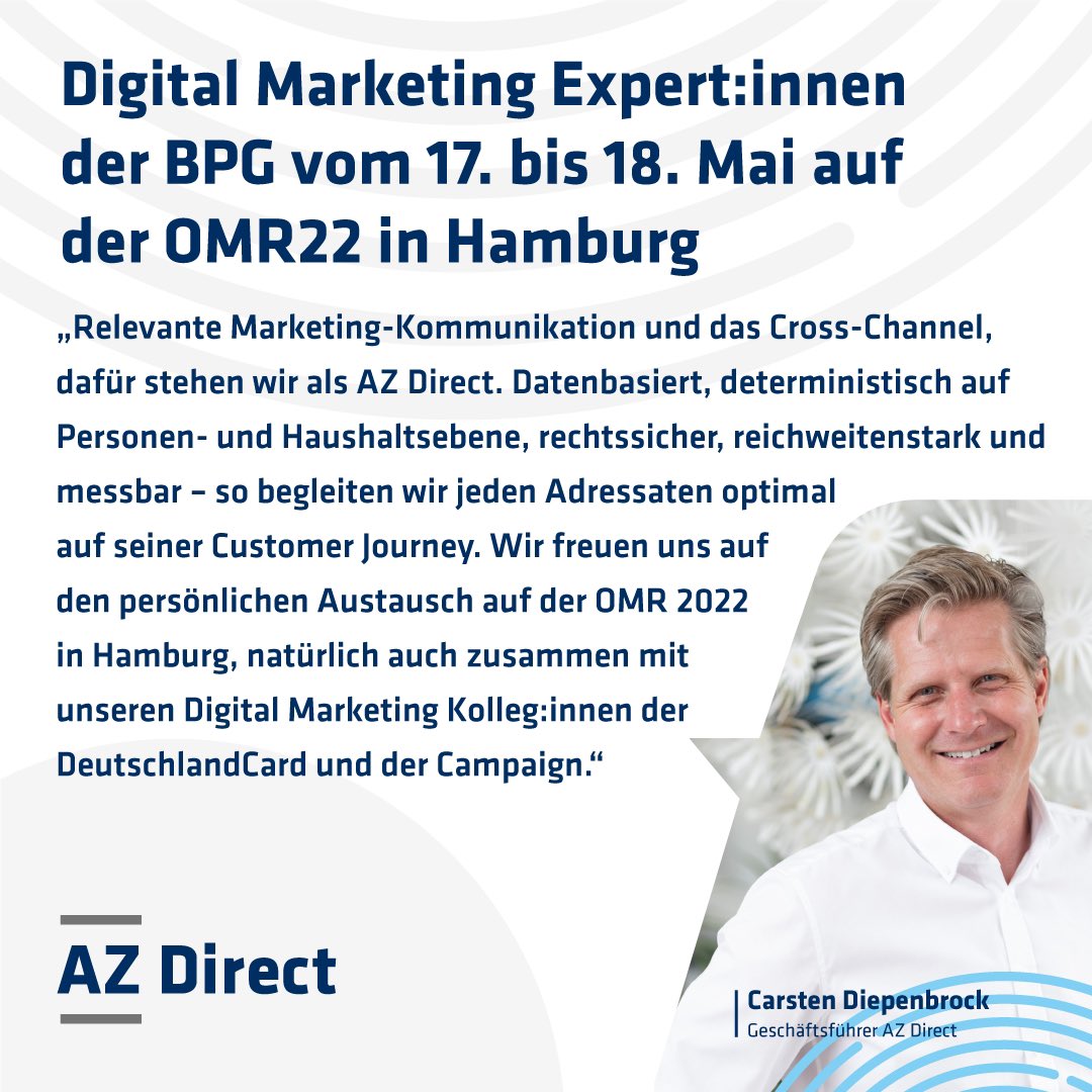 Unser Geschäftsführer Carsten Diepenbrock über unsere @OMRockstars -Präsenz in Hamburg, zusammen mit unseren #CustomerJourney-Experten von #Campaign und der <a href="/deutschlandcard/">DeutschlandCard</a>.

Terminvereinbarungen könnt ihr hier vornehmen 👉🏼 az-direct.com/site/aktuelles… #OneBPG #BPG <a href="/BPrinting_Group/">Bertelsmann Printing</a>