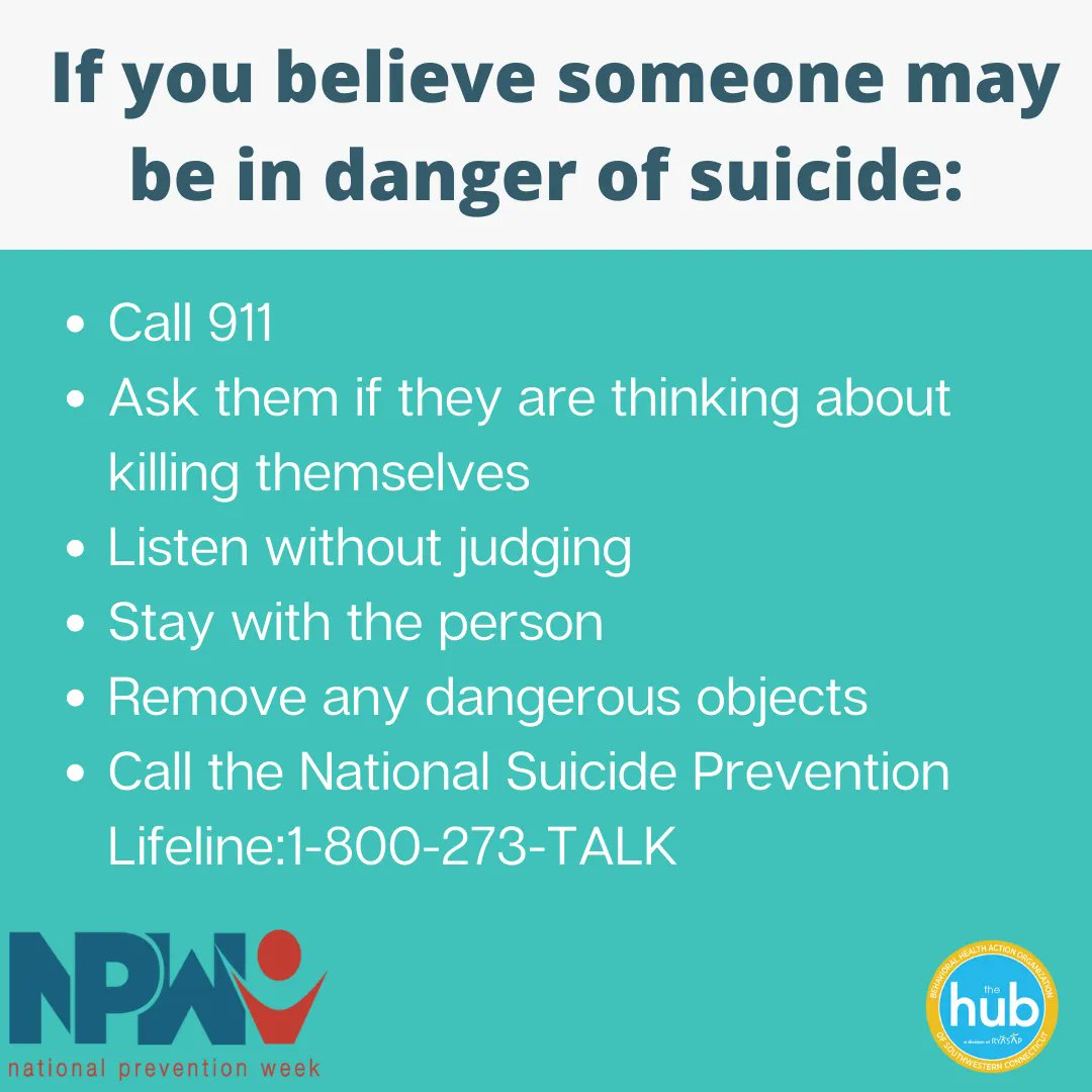TheHubCT1's tweet photo. Everyone plays a role in preventing suicide. If you or someone you know is thinking about suicide, you are not alone. There is always help and support available. Call the National Suicide Prevention Lifeline at 1-800-273-8255 https://t.co/fOdqbOpnti #CTPreventionWeek #prevention https://t.co/h3ZPGy4SJX