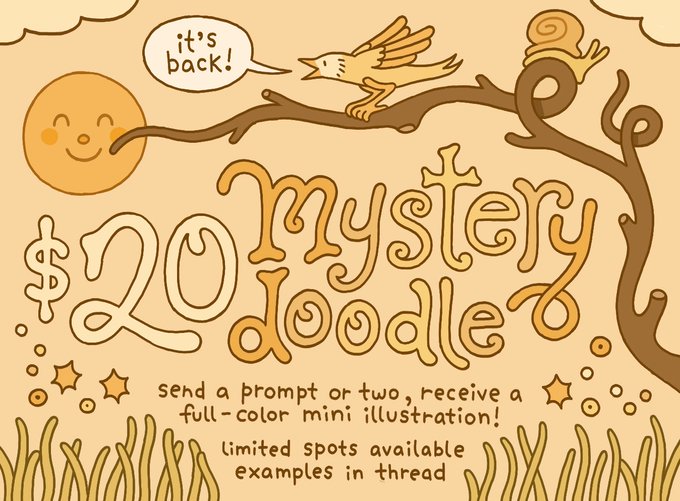 mystery doodles are available once again! ヽ( o˘◡˘o)ノ ‧̊·* send me some inspo and get back a mini illustration! examples in the thread 🧵💕 