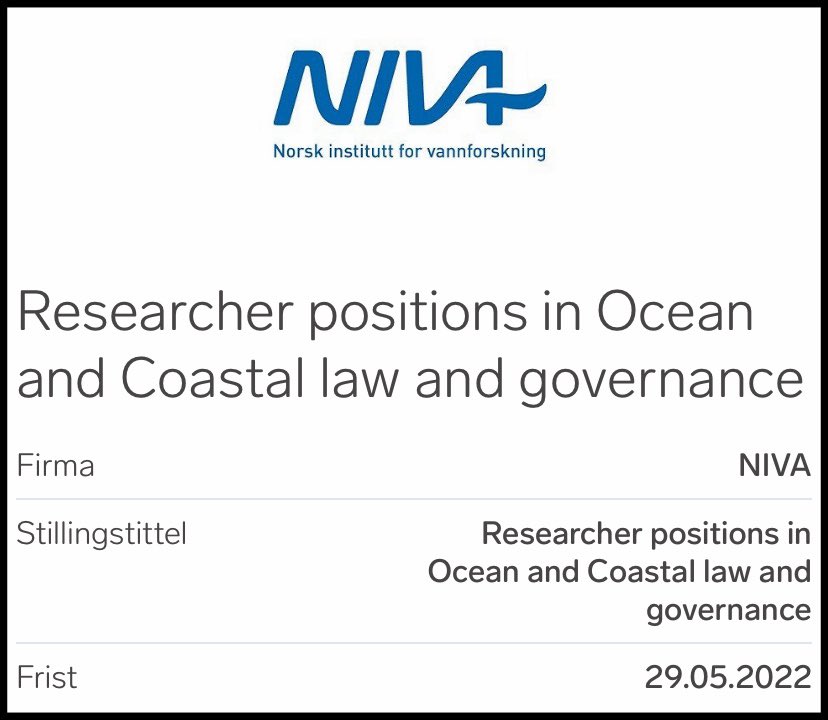 NIVAforskning's tweet image. Our section Water &amp;amp; Society is recruiting 1-2 researchers in ocean &amp;amp; coastal law and governance to e.g. work on the recently awarded @HorizonEU project CrossGov niva.no/nyheter/niva-s… For more details:  finn.no/257859556  Deadline: May 29th. RT=♥️