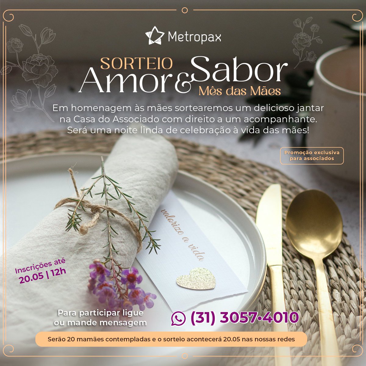 grupometropax's tweet photo. Em homenagem ao mês das mães, estamos sorteando um delicioso jantar na nossa Casa do Associado no dia 25.05. Serão 20 mamães sortudas contempladas com direito a um acompanhante.

✨Confirme sua participação através do WhatsApp 3057.4010.

#metropax #mesdasmaes #jantar https://t.co/PLSL28GBMK