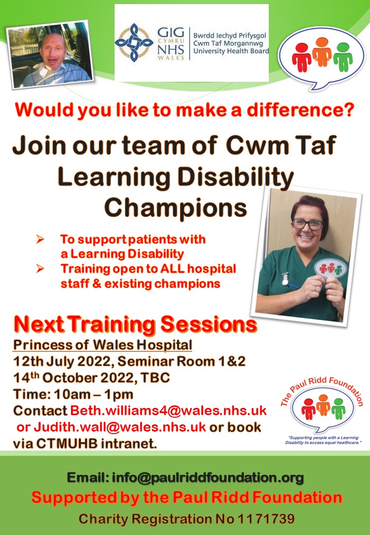 Learning Disability Champion training in Princess of Wales <a href="/CwmTafMorgannwg/">Cwm Taf Morgannwg University Health Board</a> Come and make a difference!