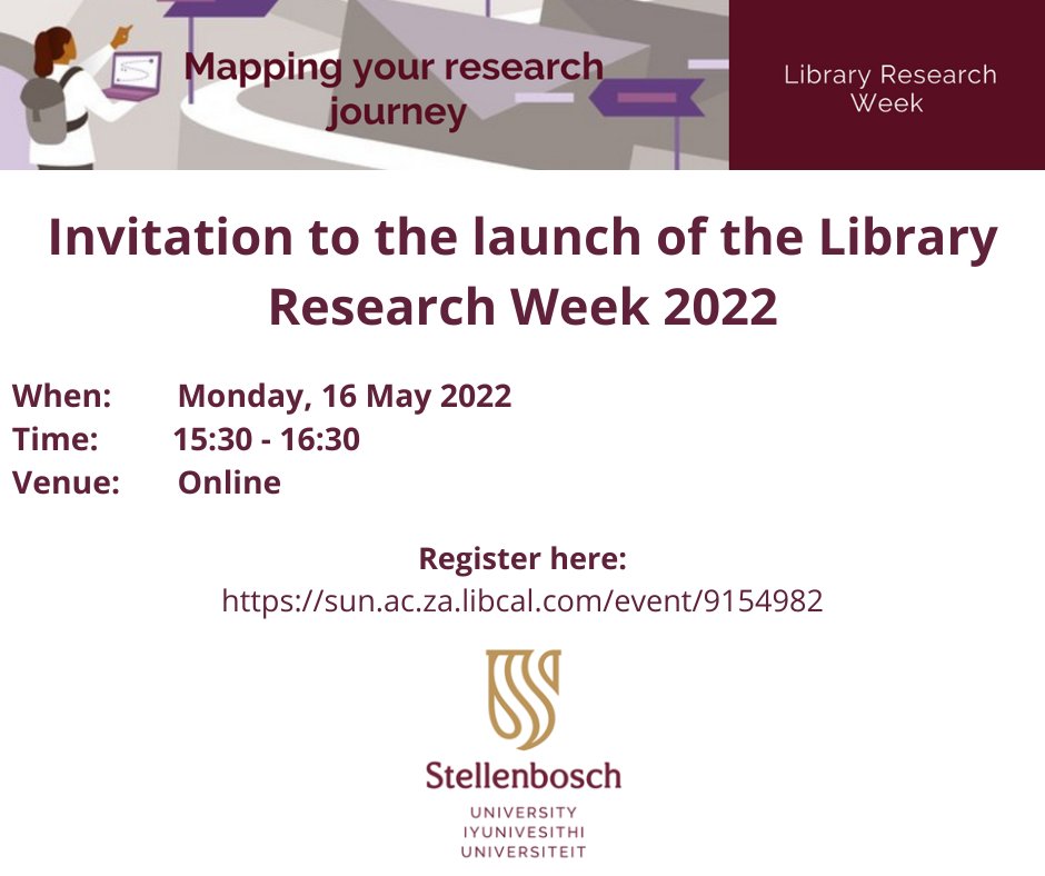 The official launch of Library Research Week 2022 will be held on Monday, 16 May. It will consist of a panel discussion on Research ethics: friend or foe? Please make your booking here: sun.ac.za.libcal.com/event/9154982
#LibraryResearchWeek2022 #RW2022  #studentsuccess #postgraduate