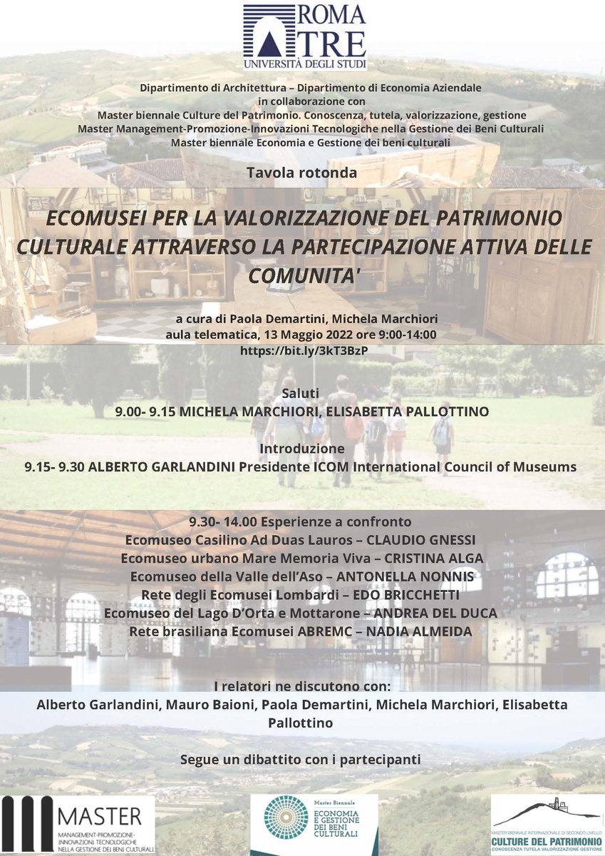 MasterCult_Patr's tweet photo. venerdì 13 maggio 2022 dalle ore 9.00 alle ore 14.00 si terrà la tavola rotonda sul tema "Ecomusei per la valorizzazione del patrimonio culturale attraverso la partecipazione attiva delle comunità" 

https://t.co/lpDy4Vss3b https://t.co/frDkyZ5HhA