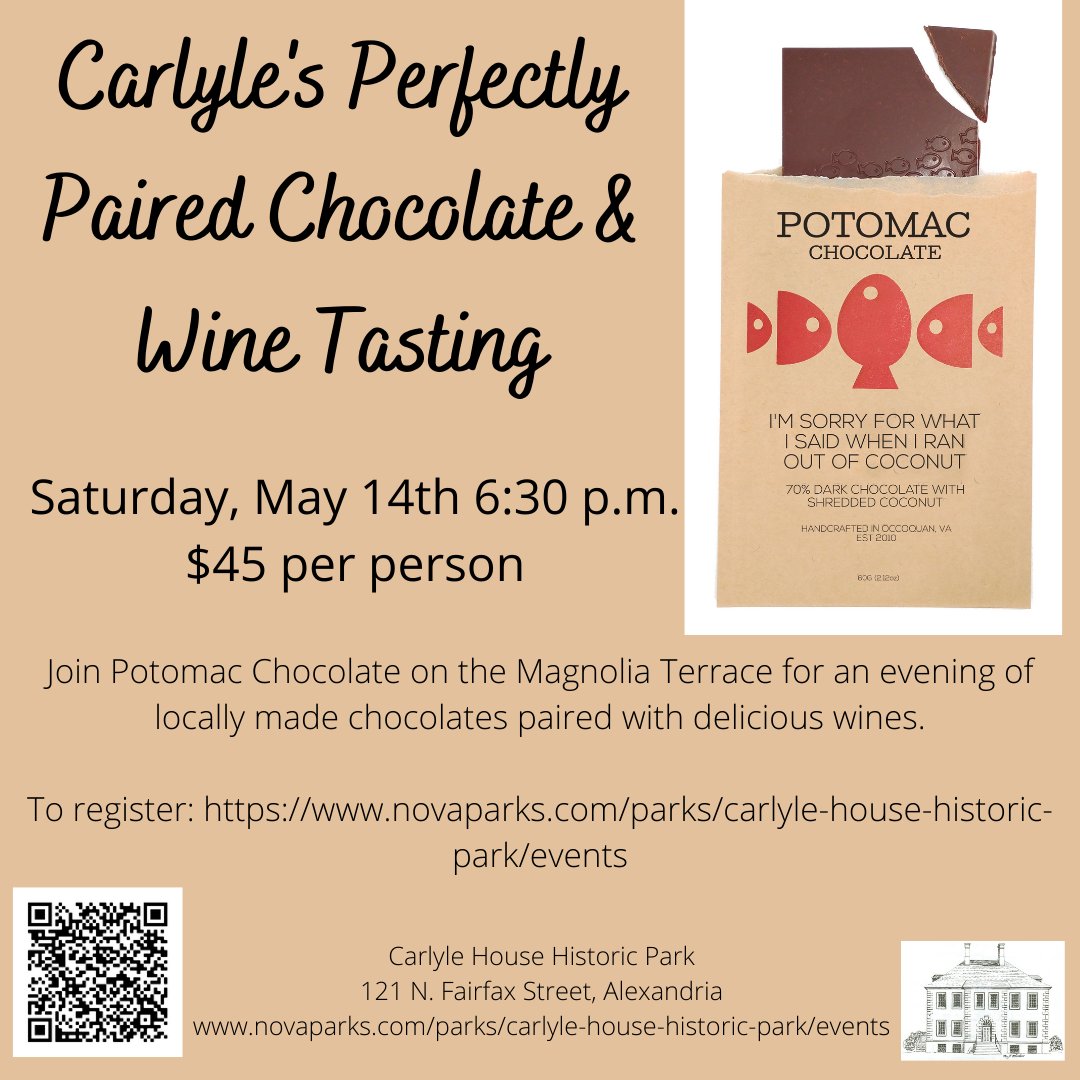 Carlyle House (@carlylehouseva) on Twitter photo We still have tickets for this Saturday's (May 14th) Chocolate and Wine Tasting featuring local chocolatier <a href="/PotomacChoco/">Potomac Chocolate</a>
#chocolatetasting #supportlocal #localbusiness #springevenings #hhmc <a href="/DCHouseMuseums/">DC House Museums</a> #visitALX <a href="/AlexandriaVA/">Visit Alexandria VA</a> <a href="/NOVA_Parks/">NOVA Parks</a> We still have tickets for this Saturday's (May 14th) Chocolate and Wine Tasting featuring local chocolatier <a href="/PotomacChoco/">Potomac Chocolate</a>
#chocolatetasting #supportlocal #localbusiness #springevenings #hhmc <a href="/DCHouseMuseums/">DC House Museums</a> #visitALX <a href="/AlexandriaVA/">Visit Alexandria VA</a> <a href="/NOVA_Parks/">NOVA Parks</a>