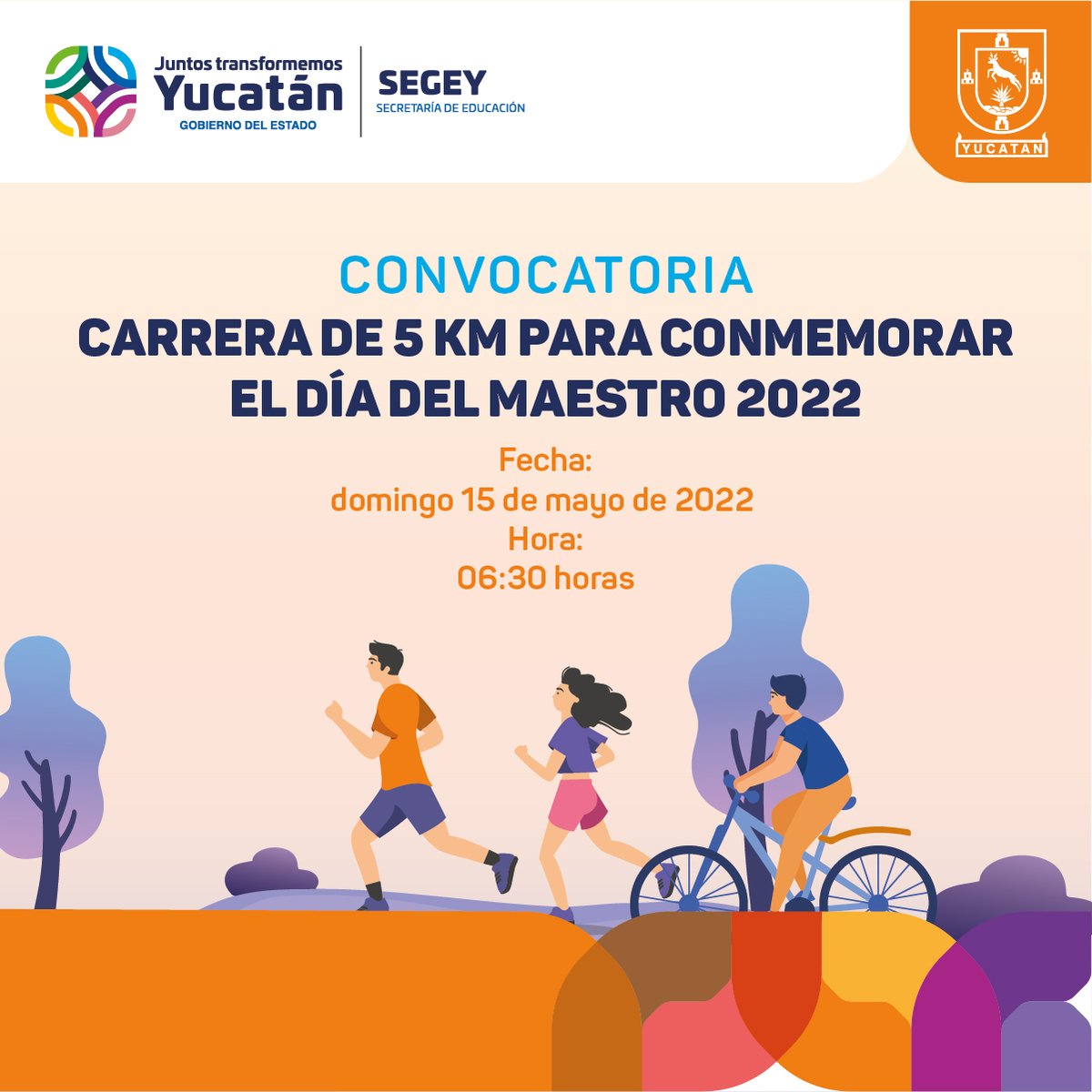 Invitamos al personal #docente y de apoyo y asistencia a la #Educación, a participar en la Carrera 5 km para conmemorar el #DíaDelMaestro 2022. Puedes acudir a la sede más cercana: #Mérida, #Hunucmá, #Izamal, #Maxcanú, #Motul, #Peto, #Tekax, #Ticul,... (1/2)