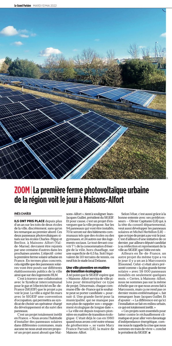 Dans le <a href="/leparisien_94/">Le Parisien | 94</a>, <a href="/jjguillet/">Jean-Jacques GUILLET</a> président du <a href="/sigeif75/">Sigeif</a> espère que Maisons-Alfort servira de ville pilote pour démultiplier ce type de projet de #transitionénergétique