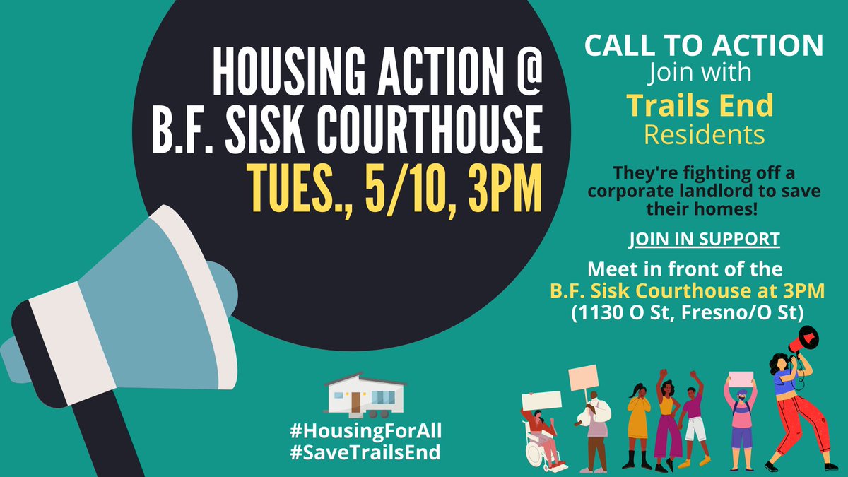 JanineNkosi's tweet photo. HOUSING ACTION: Join us TODAY, Tues., 5/10, @ 3PM at the B.F. Sisk Courthouse to speak-up for #Housing4All and #SaveTrailsEnd. @CityofFresno FAILED to do the right thing. Today, the judge will decide the fate of the TE MHP community. https://t.co/eQUHM0Ds54