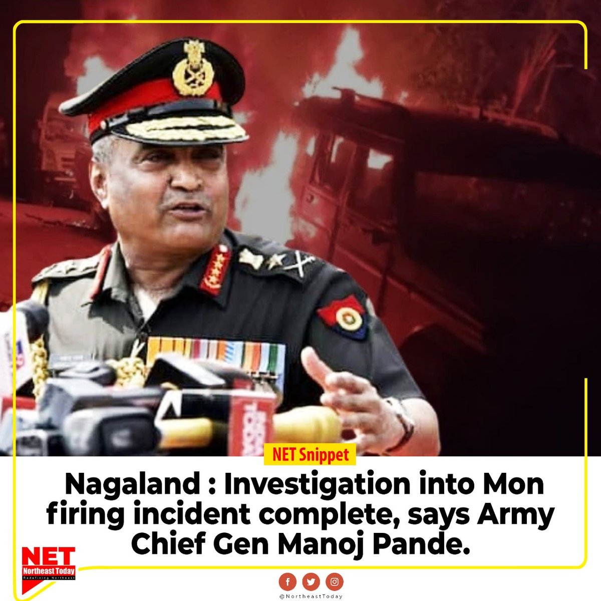 NortheastToday's tweet photo. #Nagaland | Army Chief Gen Manoj Pande on Monday said the investigation into the December 4 firing incident in Nagaland’s Mon district has been completed and the report is now undergoing legal scrutiny.
#monfiring #investigation #completed #GenManojPande #mondistrict #NetSnippet https://t.co/v4ilATNJ1t