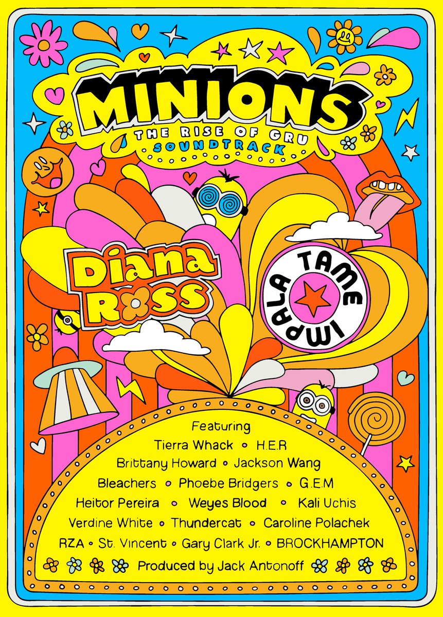 jackantonoff's tweet photo. minions: the rise of gru soundtrack 

 @bleachersmusic @blkfootwhtfoot @brckhmptn @carolineplz @dianaross @gemoving @garyclarkjr @hermusicx @heitorpereira_ @jacksonwang852 @kaliuchis @phoebe_bridgers @rza @st_vincent @tameimpala @thundercat @tierrawhack @verdine_white @weyesblood https://t.co/yvwPVTkkQJ