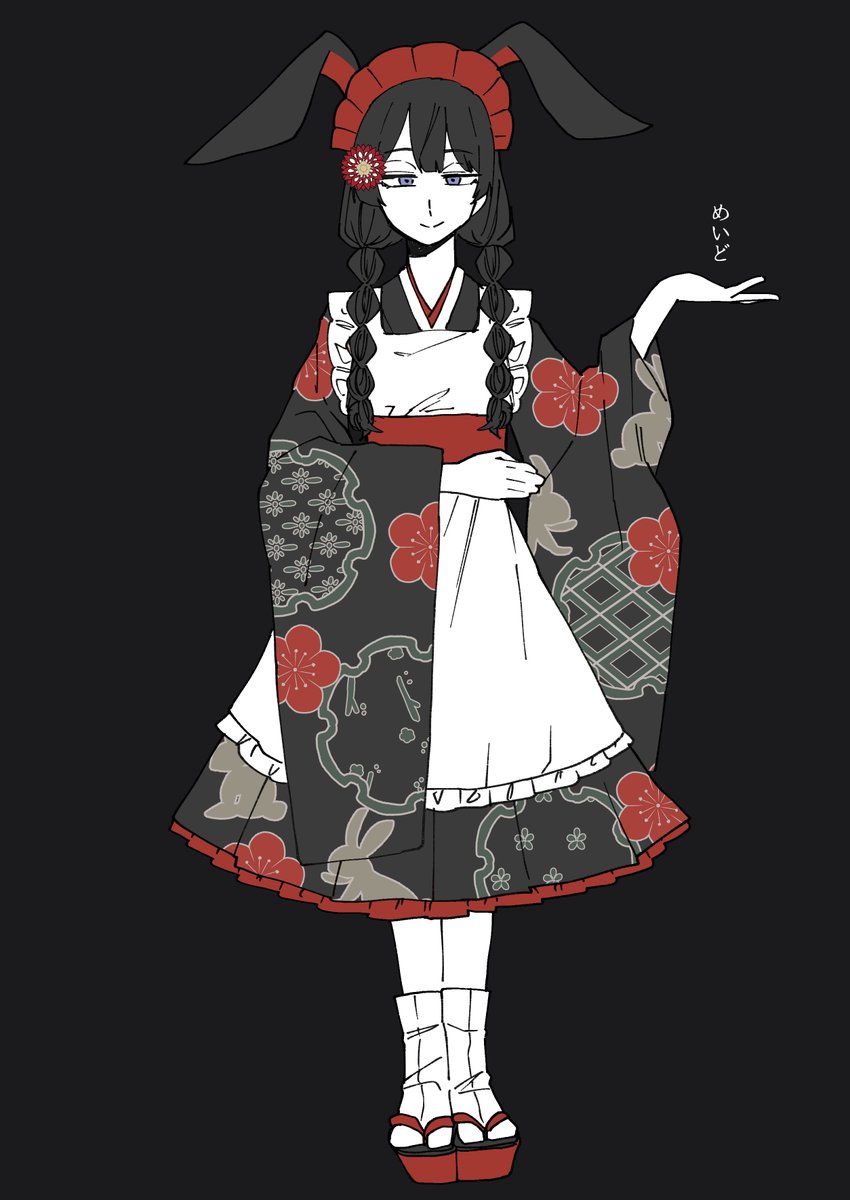 tsukino mito 1girl solo black background japanese clothes braid kimono animal ears  illustration images
