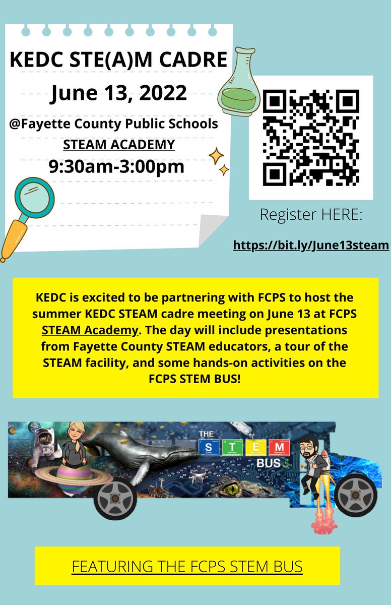 @KEDC1 STEAM cadre is going on the road for the June 13 meeting. Register now for a terrific day of STEAM learning featuring @FCPSKY facilities and educators.