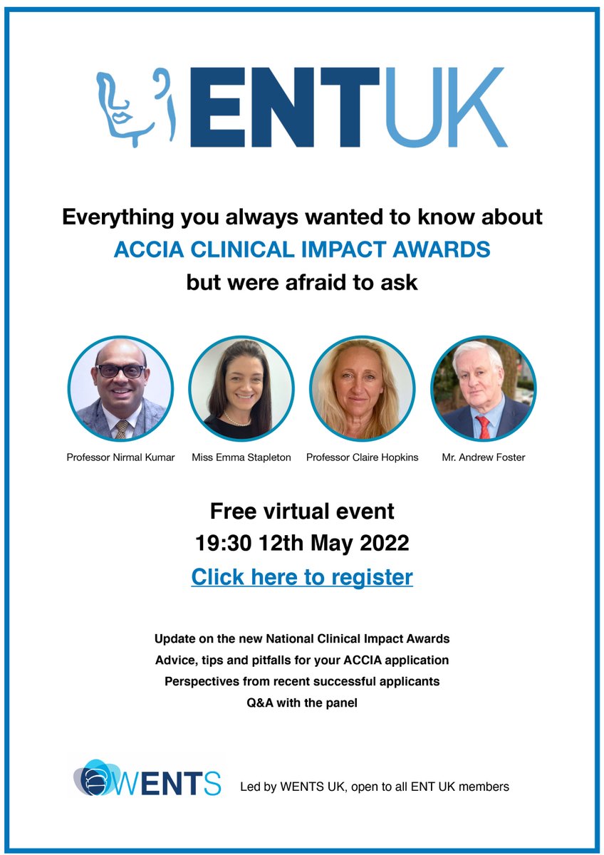 ENT UK and @UK_WENTS are hosting a free, one-hour seminar this Thursday, 12 May, from 7.30pm, exploring the recent changes to the ACCIA Clinical Impact Awards. Don’t miss out! Find out more&gt;&gt; mailchi.mp/7c19072aaa60/e…