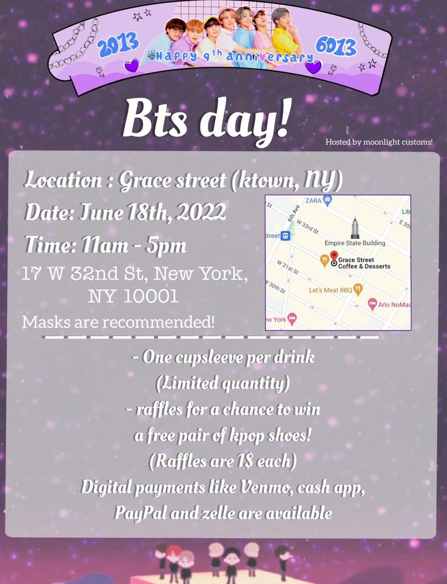 Moonlighttshop's tweet photo. BTS DAY CUPSLEEVE EVENT!💜
LOCTION:GRACE STREET (NY)
WHEN:JUNE 18TH, 2022
TIME:11AM-5PM 
MERCH &amp; GIVEAWAYS ARE AVAILABLE!
here's is the link for donation tiers! 
Linked in bio!! Can't wait to see everyone there!!💜💜TY in advance to anyone supporting🥺!
https://t.co/uQmIAFI38N https://t.co/uC2v4tWotd
