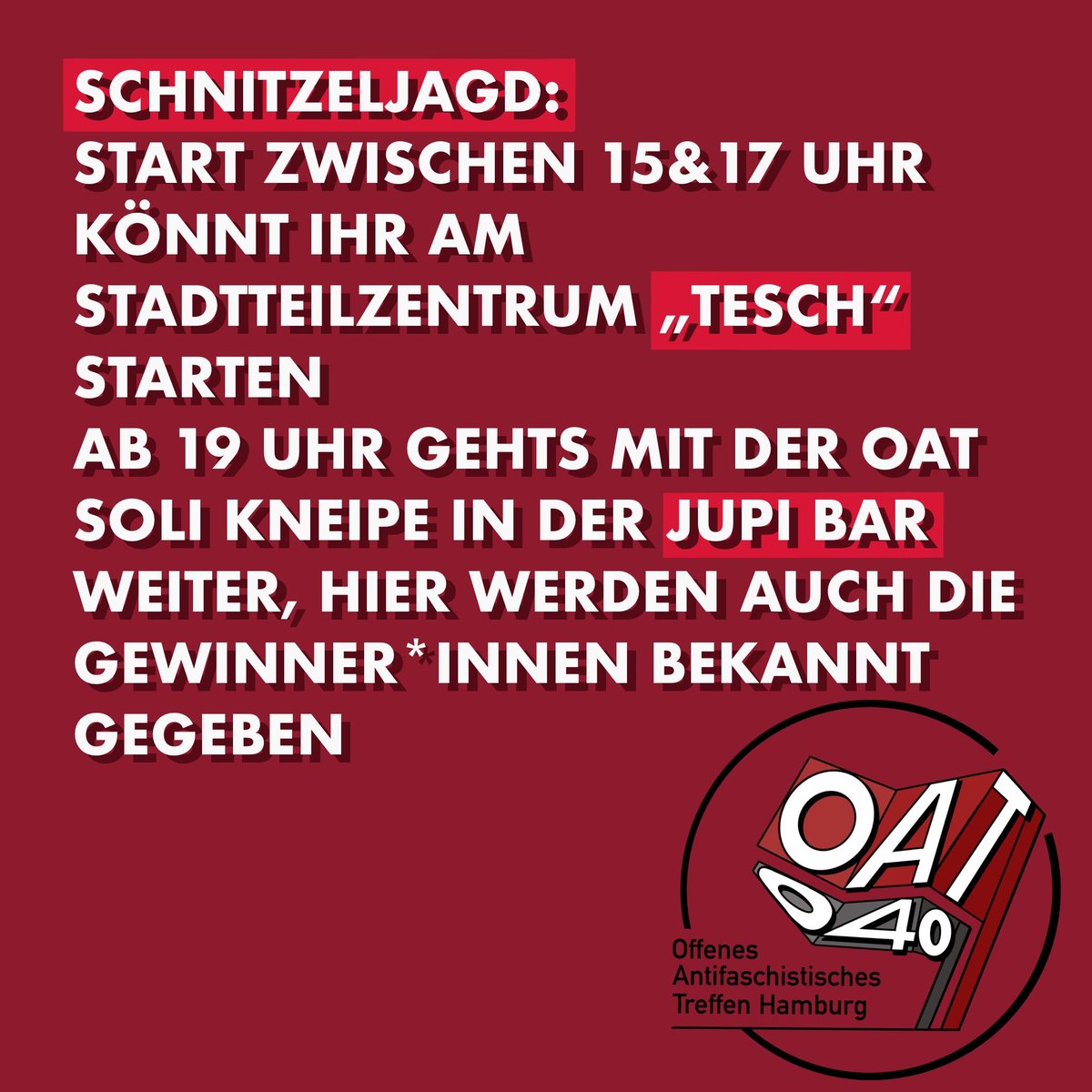 oat_040's tweet photo. [1/6] Wir freuen uns die erste politisch motivierte, Soli Schnitzeljagd, in Hamburg anzukündigen.

Am 21.05. findet sie statt.
Das Thema ist antifaschistischer Widerstand und Verfolgung in Hamburg.
#nonazishh #oat040 #hh2105 https://t.co/smn6shp7xg