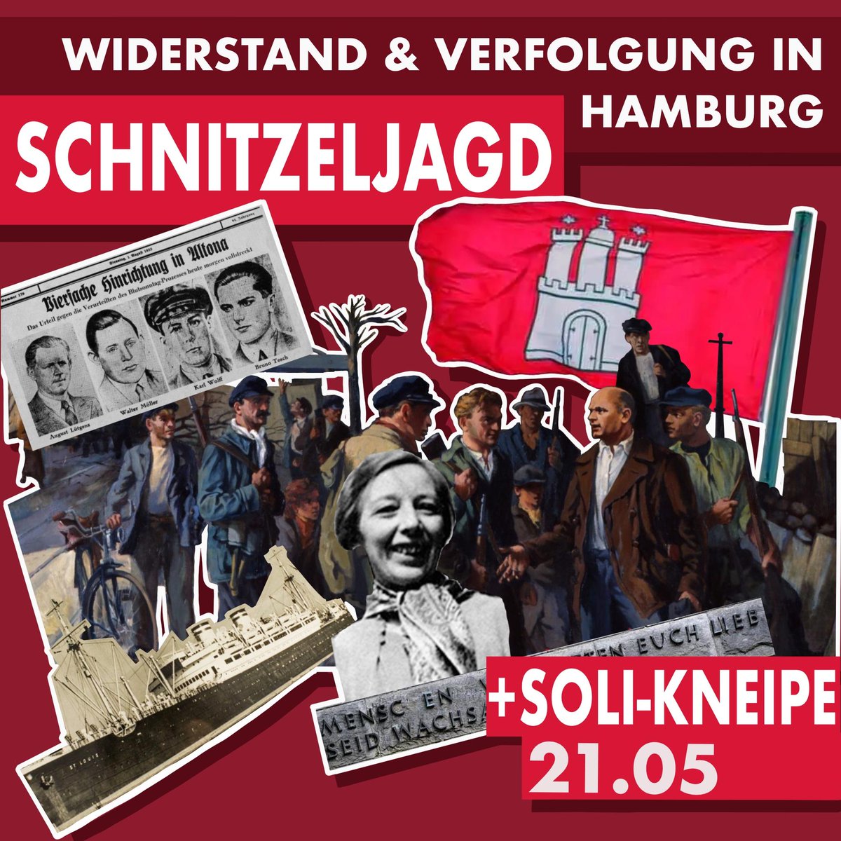 oat_040's tweet photo. [1/6] Wir freuen uns die erste politisch motivierte, Soli Schnitzeljagd, in Hamburg anzukündigen.

Am 21.05. findet sie statt.
Das Thema ist antifaschistischer Widerstand und Verfolgung in Hamburg.
#nonazishh #oat040 #hh2105 https://t.co/smn6shp7xg