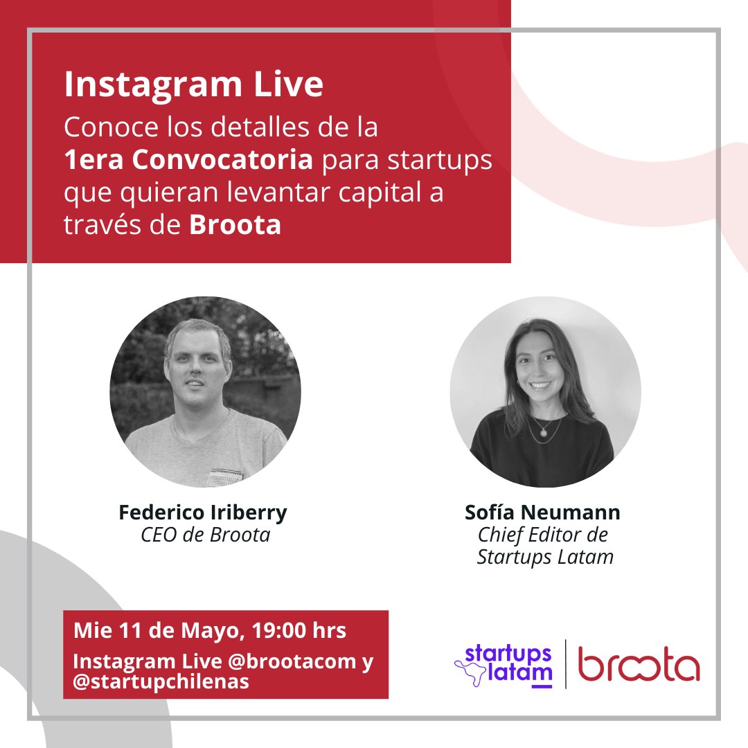 Nos vemos mañana con Federico Iriberry, CEO de <a href="/brootacom/">broota.com</a>  para conocer más sobre la primera convocatoria abierta para #startups 🔥📍

No se pierdan el Live por nuestro instagram para conocer detalles de cómo postular 💸💥 lnkd.in/d2cZ25cr