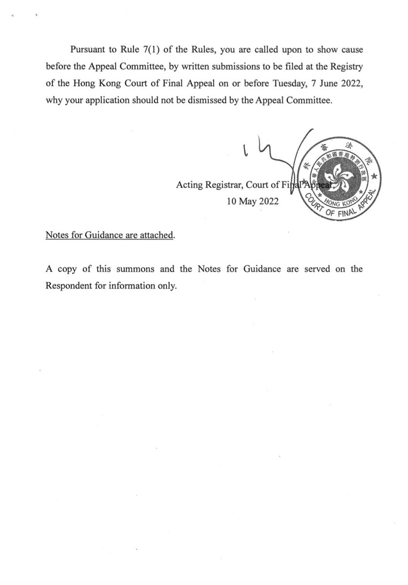 SamuelBickett's tweet photo. 1/2 The Hong Kong CFA registrar has refused to grant me an appeal hearing, saying there are “no reasonable grounds” for appeal. This is a low bar to meet—some veteran CFA lawyers tell me they’ve never received such a denial—so to deny leave in this case, of all cases, is absurd. https://t.co/fYoUPZ9Xmd