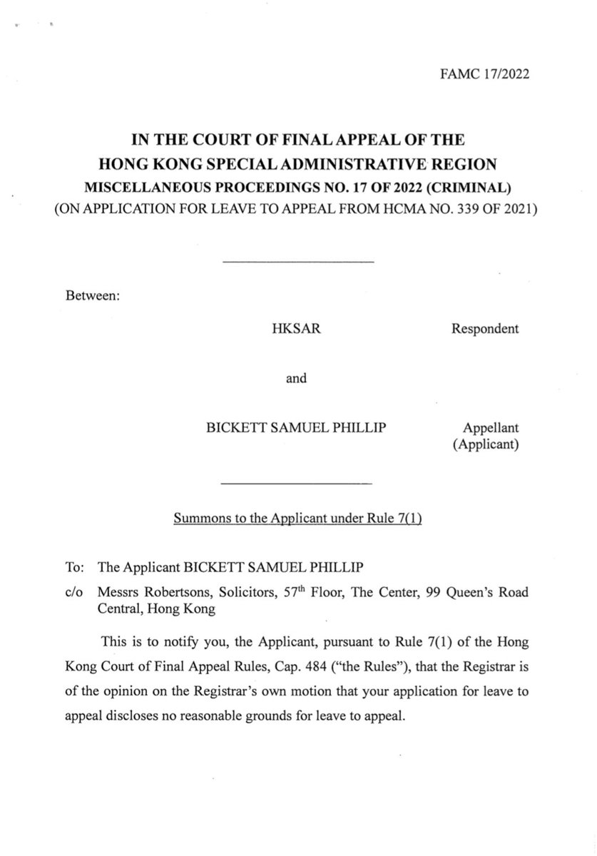 SamuelBickett's tweet photo. 1/2 The Hong Kong CFA registrar has refused to grant me an appeal hearing, saying there are “no reasonable grounds” for appeal. This is a low bar to meet—some veteran CFA lawyers tell me they’ve never received such a denial—so to deny leave in this case, of all cases, is absurd. https://t.co/fYoUPZ9Xmd