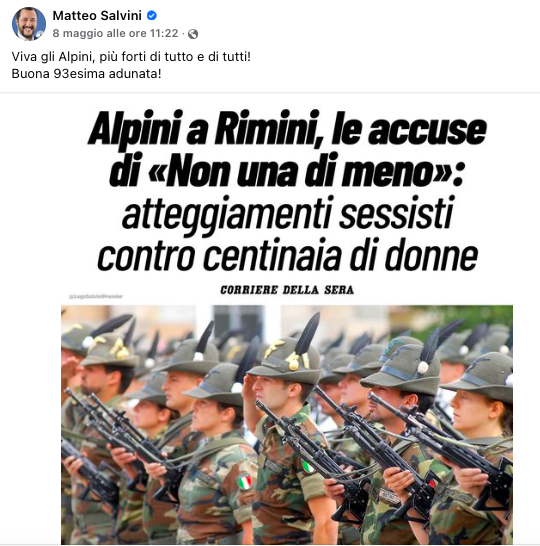 lauraboldrini's tweet photo. Mentre tutti - compresa l'associazione degli #Alpini -  dicono che bisogna fare chiarezza sugli accadimenti, Salvini esalta la forza degli alpini in barba alle denunce? 

Ma verso gli stupratori e i molestatori (immigrati), non bisognava avere #tolleranzazero? https://t.co/hOEWcjEtH0