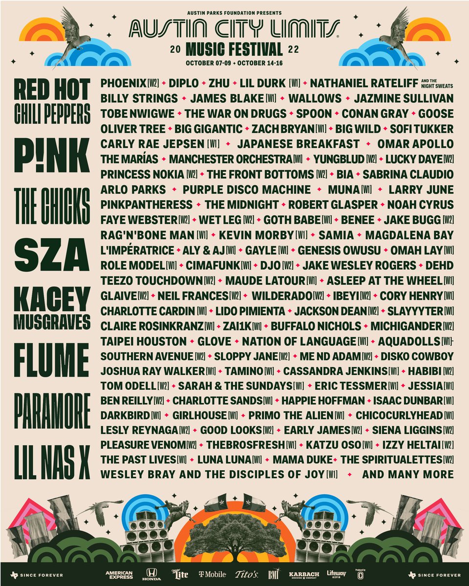 aclfestival's tweet photo. Your 2022 Lineup is here! 🤠 Tickets on sale TODAY at 12pm CT. https://t.co/Lo072i7sFt https://t.co/JZ0Po4kay6