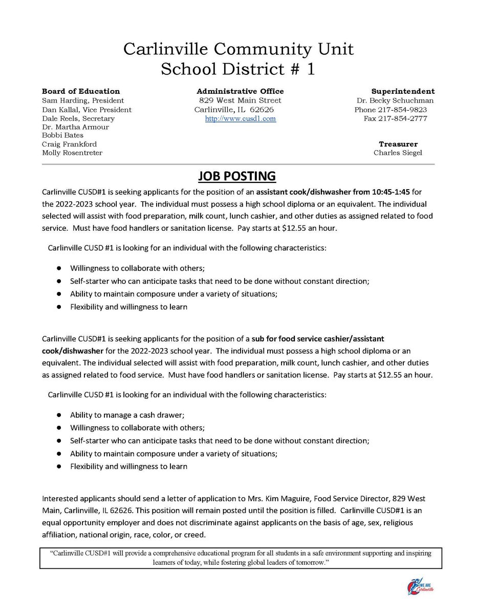 CCusd1's tweet photo. Carlinville School District cafeteria job postings - Please see attached flyer regarding 2 positions with our wonderful Kitchen crew  https://t.co/no6viJbiyS https://t.co/GGWE3MEgka
