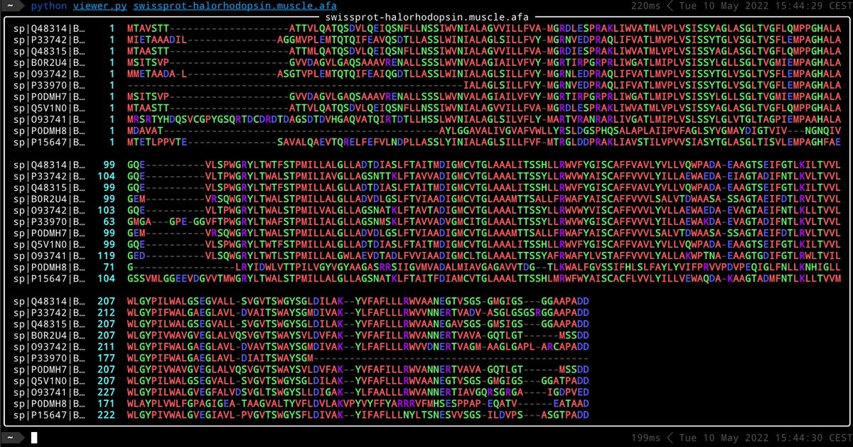 Martin Larralde (@althonos) on Twitter photo 55 lines of #Python code to build a Multiple Sequence Alignment viewer for the terminal with the #Rich library (from <a href="/textualizeio/">textualize.io</a>) #bioinformatics 55 lines of #Python code to build a Multiple Sequence Alignment viewer for the terminal with the #Rich library (from <a href="/textualizeio/">textualize.io</a>) #bioinformatics