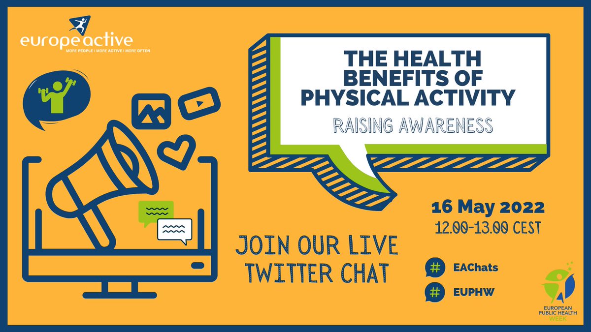 Europe_Active's tweet photo. 📢 We are delighted to announce that we're participating in this year's #EUPHW organised by @EUPHActs
📅 Join us next Monday 16 May at 12 CET for a live discussion on the many health benefits of #PhysicalActivity!
See you there? 🏃
#EAChats #JoinUs #TwitterChat https://t.co/gTeipJ3hmm