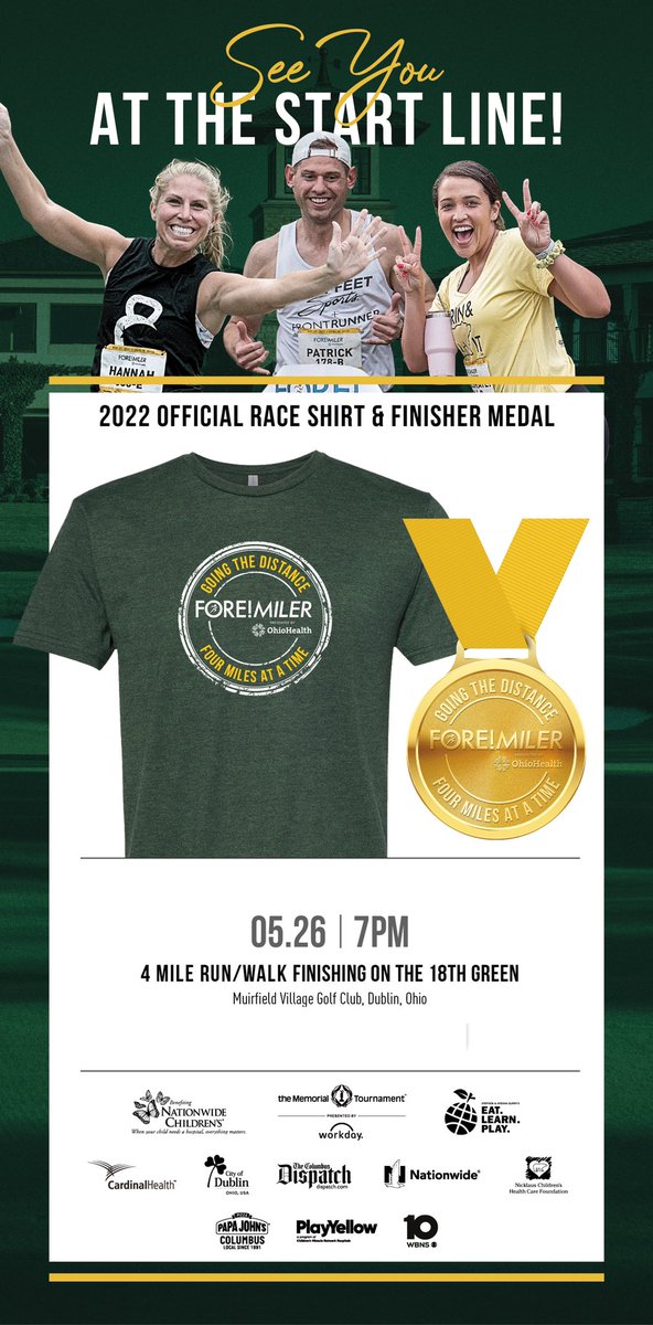 M3SSports's tweet photo. Check out this awesome shirt and medal we have ready for you at this year's FORE! Miler presented by @OhioHealth!
Register today: https://t.co/psekt4Cbyr
The 2022 FORE! Miler will on Thursday, May 26 and serve as the official kick off of @MemorialGolf!
#FOREMiler #theMemorial https://t.co/ay0PR2pRDj