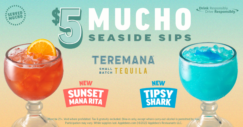 Applebees's tweet photo. An ocean breeze (and a margarita) puts a mind at ease. Our tropical $5 Mucho Sips are here!