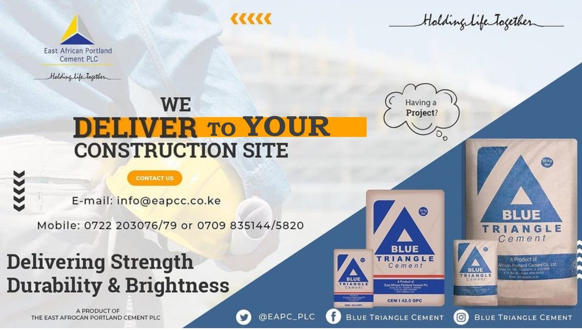 EAPC_PLC's tweet photo. The construction journey can be hectic, especially when it comes to getting materials to the site. This is why we offer you solutions to make your journey easier.

Are you currently constructing and you need Cement delivered?

Give us a call today.

#BuildWithBlueTriangleCement https://t.co/mMZCvAGzeZ