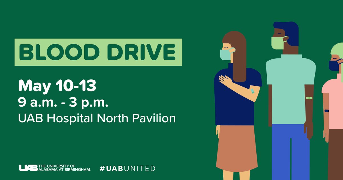 UABNews's tweet photo. Blood supplies remain dangerously low across the United States. @UABMedicine and @RedCross will host a blood drive at UAB Hospital North Pavilion, May 10-13. https://t.co/nWCRPuvRZk https://t.co/kNuzAvZIfy