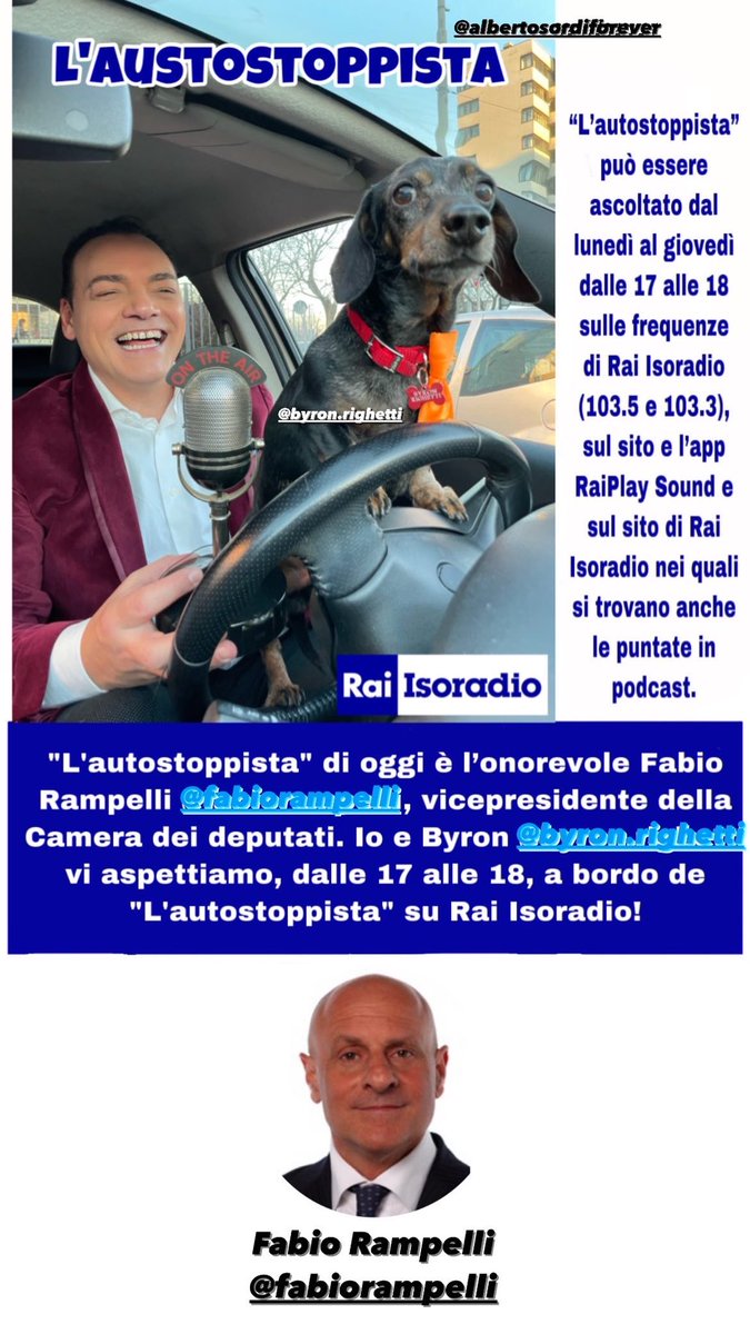 igorrighetti's tweet photo. "L'autostoppista" di oggi è l’onorevole Fabio Rampelli @fabiorampelli, vicepresidente della Camera dei deputati. Io e Byron vi aspettiamo, dalle 17 alle 18, a bordo de "L'autostoppista" su Rai Isoradio! #rai #raiisoradio #fabiorampelli #igorrighetti #radio https://t.co/jcPiEpQFYJ