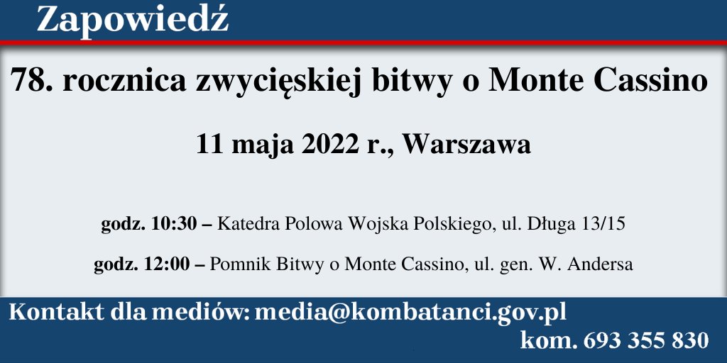 Kombatanci's tweet photo. 11 maja br. w ramach stołecznych obchodów 78. rocznicy rozpoczęcia zwycięskiej bitwy o Monte Cassino oddamy hołd żołnierzom #2KorpusPolski oraz ich dowódcy #GenAnders.

Więcej: https://t.co/zM8vMYTUsg https://t.co/gV1M5nDjFN