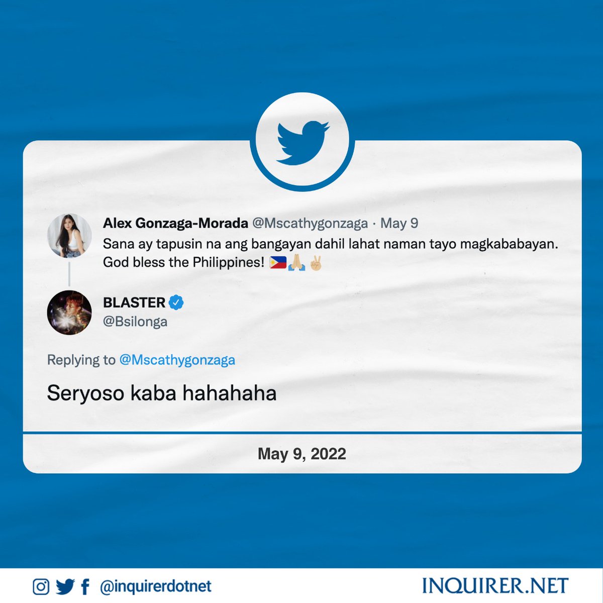 inquirerdotnet's tweet photo. 'SERYOSO KA BA'

LOOK: Blaster Silonga, singer and lead guitarist of OPM band IV of Spades, was not able to stop himself from replying to actress-TV host Alex Gonzaga's tweet yesterday, May 9.

#OurVoteOurFuture #VotePH https://t.co/N4gEf3Kg23