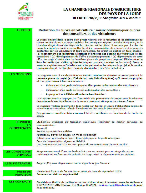CBioPDL's tweet photo. [#stage] Nous recherchons un #stagiaire pour 4 à 6 mois sur la thématique de la réduction du #cuivre en #Viticulture. A vos candidatures ! #Master #Ingénieur #agri #agro #césure https://t.co/9wBPt6w6Le