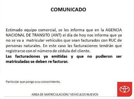 a_salgado_md's tweet photo. @ANT_ECUADOR @acastropiedra buenos días cuál es la base legal para esta decisión? Por qué no puedo facturar mi vehículo con RUC de persona natural? @CasabacaEc @AMT_Quito https://t.co/8w4znjOzHy