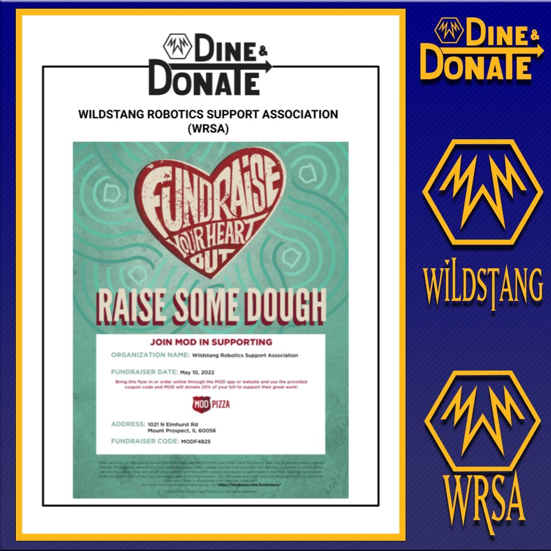 111wildstang's tweet photo. Our next Dine &amp; Donate event is TODAY, May 10th, MOD Pizza, 1021 N. Elmhurst Road, Mt Prospect from 10:00am - 10:00pm. Dine in, Carry-out, order in person, or online, use the coupon code MODF4825 and the WildStang Robotics Program will receive a donation of 20% of your bill. https://t.co/qXZ6Jy4dcA