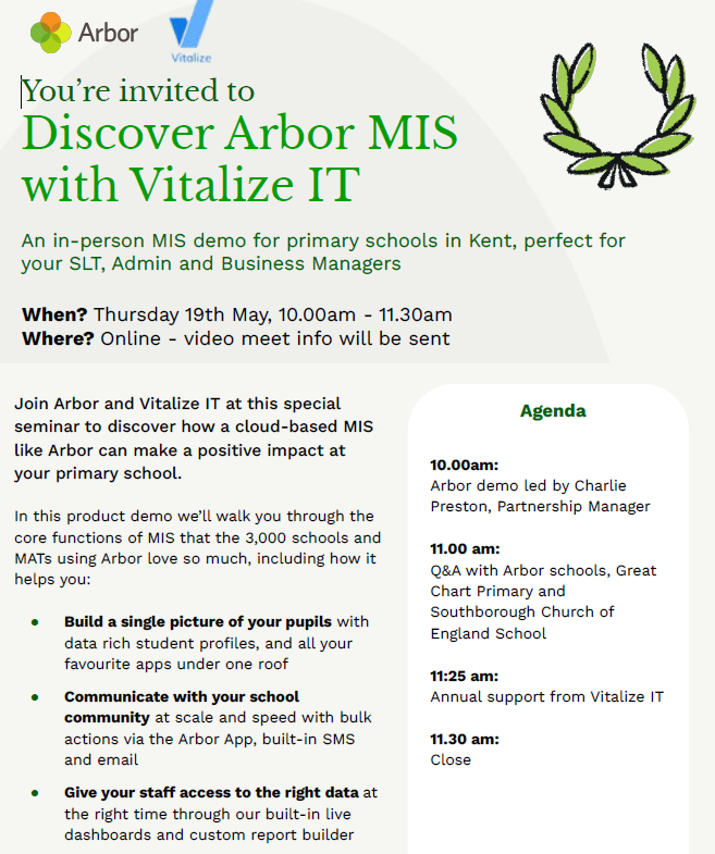 VitalizeIT's tweet photo. We are delighted to announce our @ArborEdu webinar 19th May 10-11.30am. Includes demo and Q &amp; A with 2 of our Arbor schools. https://t.co/BJrlgI6DwZ https://t.co/VObkZ1N26R