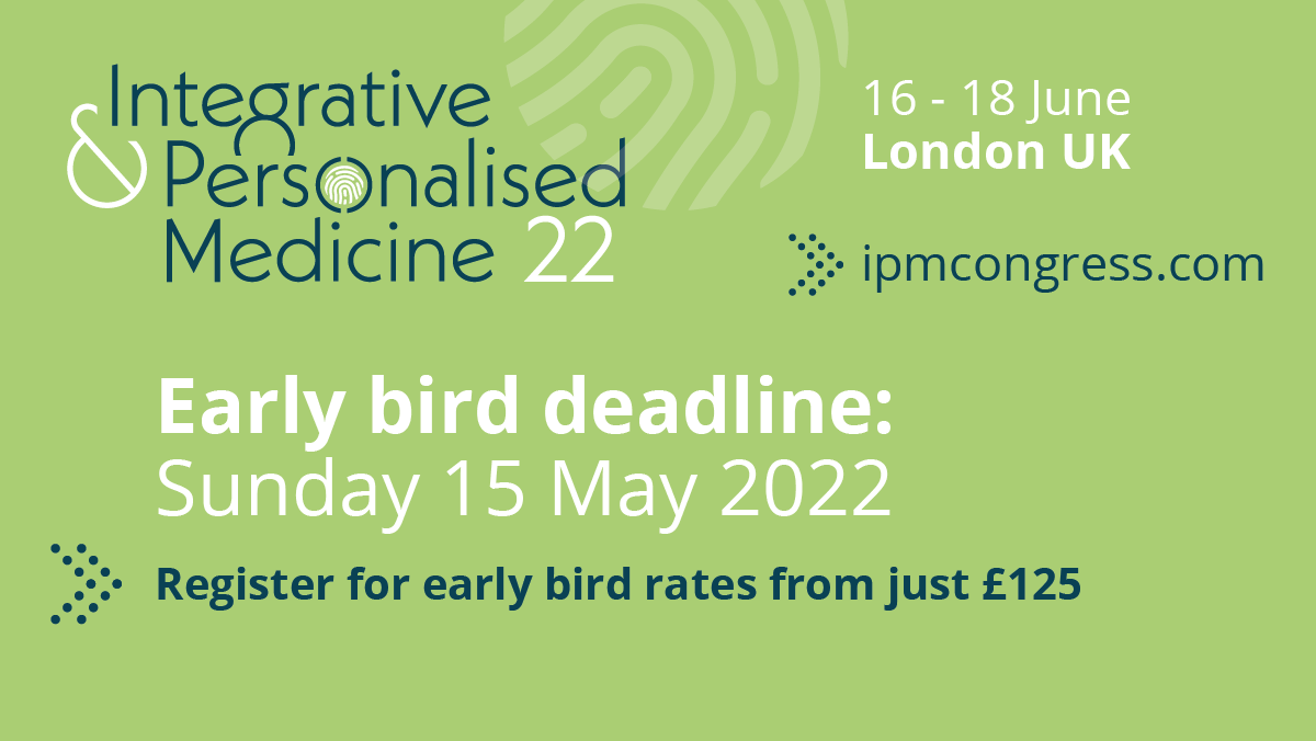 The early bird deadline for the #ipmcongress is Sun 15th May 2022 Register now to attend the largest gathering of healthcare professionals looking to take a #wholeperson approach to health Register here: it.ly/ipmcongress #ipmcongress #integrativemedicine #wholepersoncare