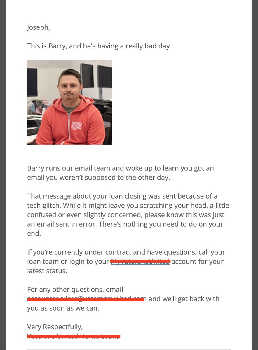 JoeMancusoDev's tweet photo. I received an email that my mortgage loan closing date has been scheduled but not doing a loan closing with this company. Then I get this email:

As an overworked developer myself this pisses me off. clearly an automated email got sent and you want to shame your employees for it? https://t.co/wd4tyBHOtT