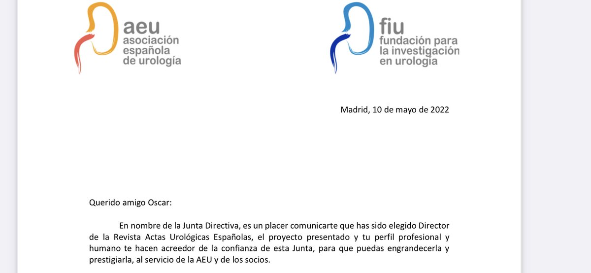 Muchas gracias a @InfoAeu @urossorio58 por la confianza para ser el próximo director de @actasurologicas . Un gran reto para publicar artículos de alta calidad científica, promover la cooperación científica, y estimular la discusión académica en #urología