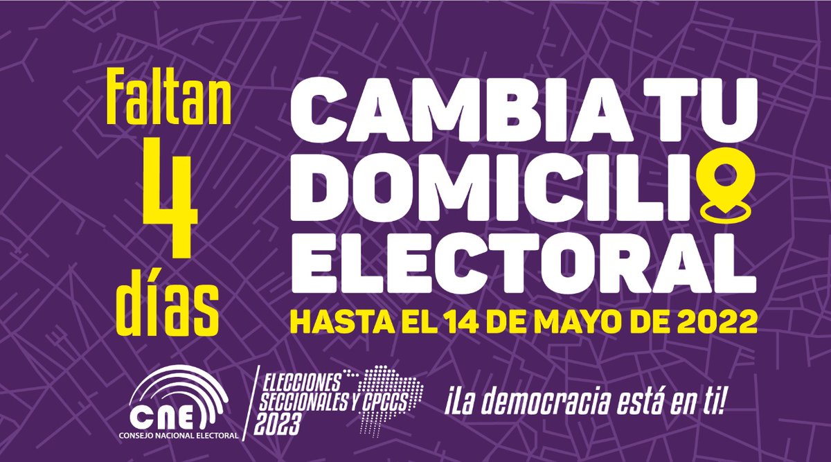 CNEManabi's tweet photo. ¡#Recueda!
Tienes #4Días para realizar tu #CambioDomicilioElectoral y que se registre para las #Elecciones2023Ec.
Modalidades:
✅Web (https://t.co/HjEdrfQRDJ)
✅Presencial (Portoviejo, Av. 15 de Abril y Teodoro Wolf)
✅Brigadas
✅Oficinas consulares en el exterior. https://t.co/O300VPaiHh