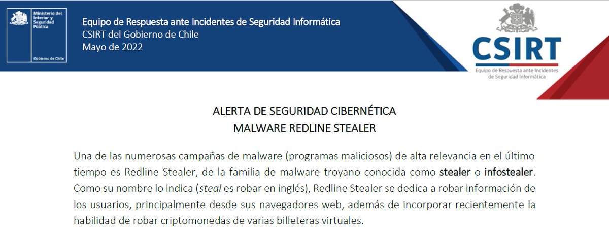 Alerta de Seguridad Cibernética🚨El malware #RedlineStealer ha ganado notoriedad en el último tiempo y en el siguiente documento describimos sus características y  medidas para evitar sus efectos👾 Léelo completo en la web del #CSIRTGob csirt.gob.cl/noticias/alert…