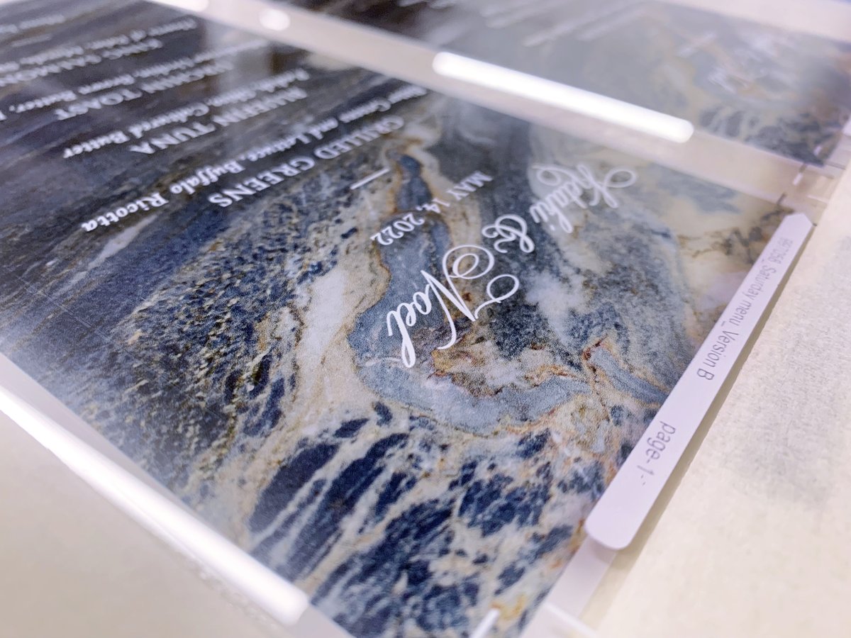 GSBDigital's tweet photo. Look closely to see an example of 1st surface and 2nd surface printing on clear acrylic in action. This menu's background was printed 2nd surface and finished with a 1st surface pass of white ink for the text. Learn more: https://t.co/RzuqQdbKC4 #digitalprinting https://t.co/8zfscRDoRY