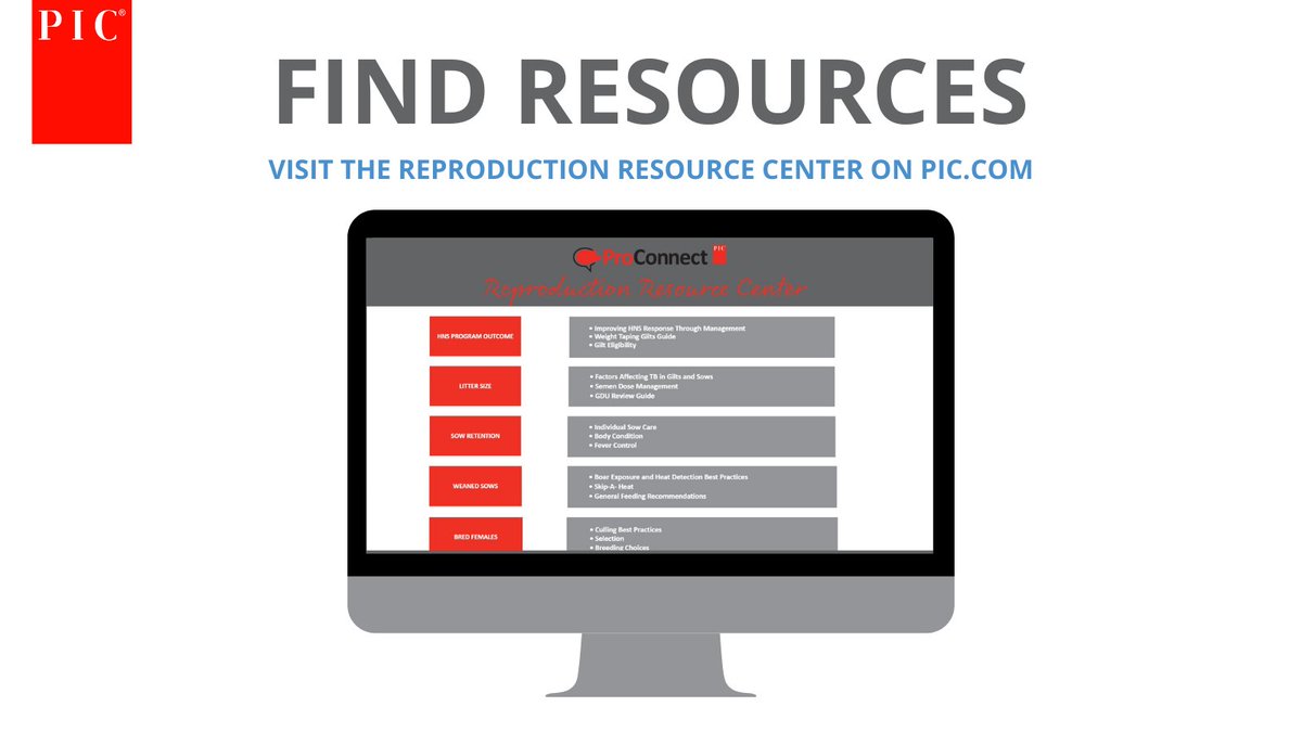 Here’s a new tool for your toolbox – the PIC Reproduction Resource Center!

Quickly find answers or recommendations to all your sow farm management needs 24-7.

To access, click here: bit.ly/3MI1c6S

#PICGenetics #Swine #PorkProduction